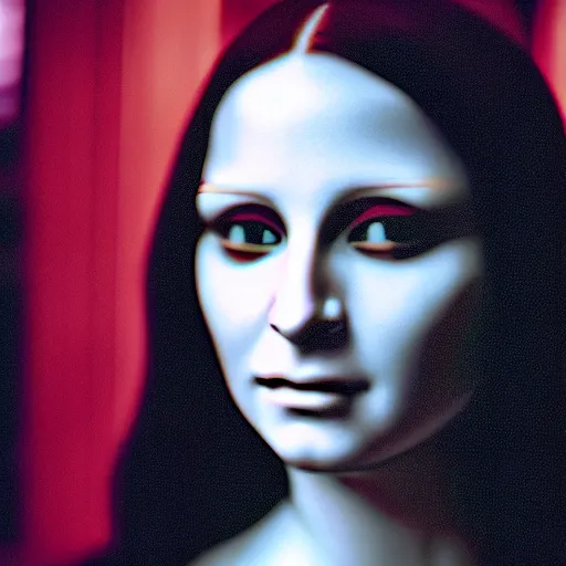 Image similar to cinematic movie still of cybernetic character named Mona Lisa in The Matrix, futuristic eye implant, cyberpunk, XF IQ4, 150MP, 50mm, F1.4, ISO 200, 1/160s, twilight in the city