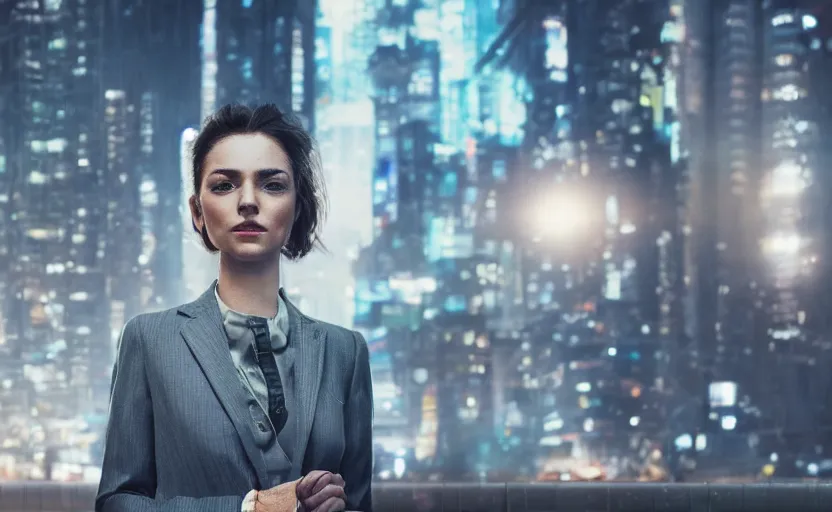 Image similar to a wide shot of a woman with a wool suit, wearing an omega speedmaster on her wrist in a dystopian city at night with cyberpunk lights