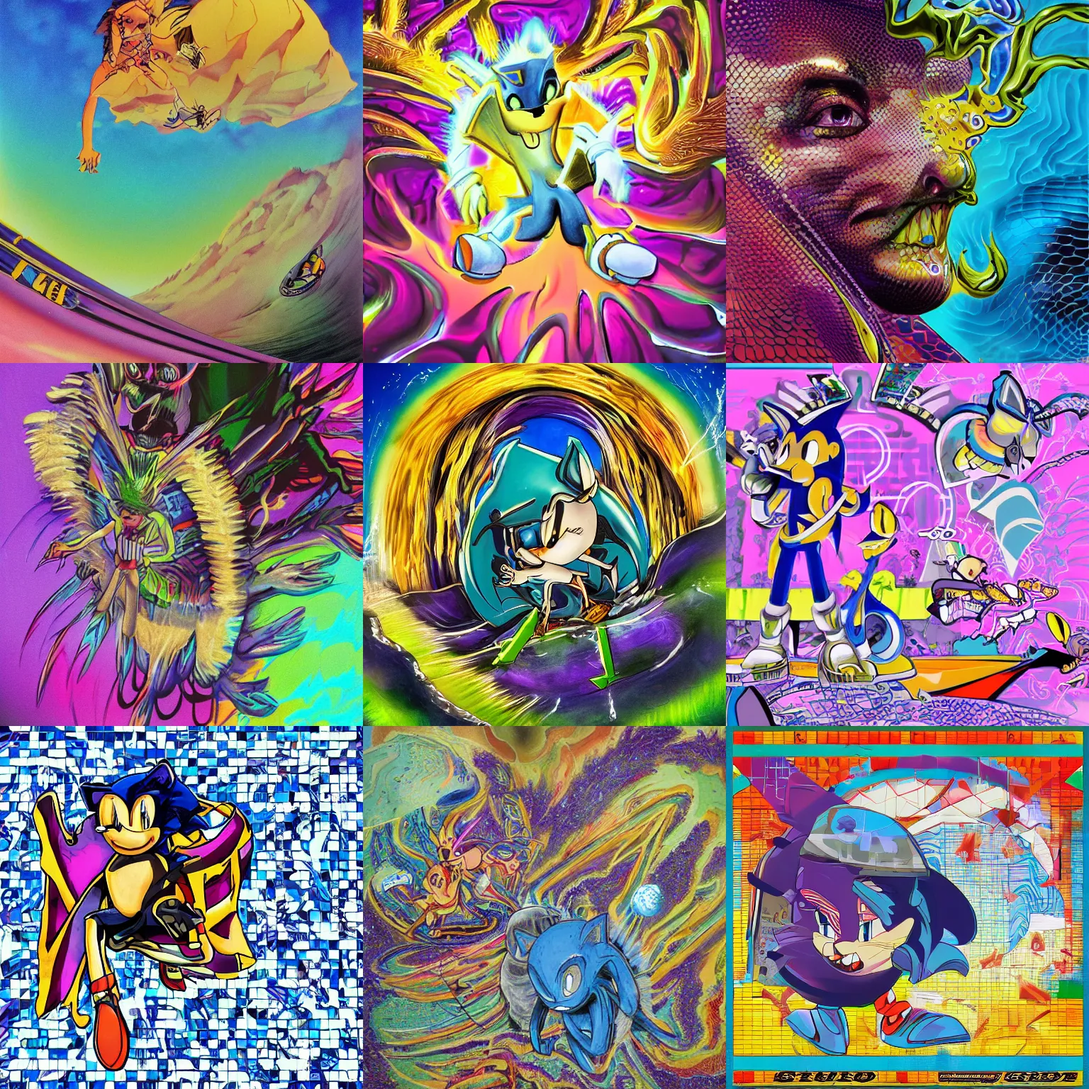 Image similar to surreal, sharp, detailed professional, high quality portrait sonic airbrush art MGMT album cover portrait of a liquid dissolving LSD DMT sonic the hedgehog surfing through cyberspace, purple checkerboard background, 1990s 1992 Sega Genesis video game album cover