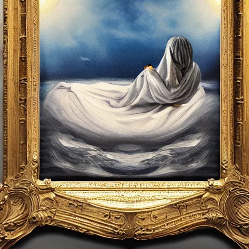 Image similar to ominous bedsheet ghost floating above the ocean late at night, moonlight reflections, oil painting, brush strokes, gloomy misty atmosphere, symmetrical, full body image, highly ornate intricate details,