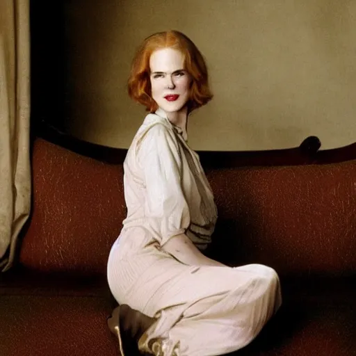 Prompt: a beautiful full body portrait of a young nicole kidman, wearing 1 9 2 0's clothes, demure, she is laying on a couch, artist john sargent,