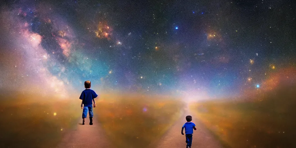 Prompt: color photo of a boy walking down a street in space, sky is full of stars