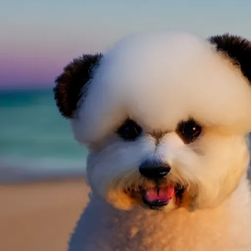 Image similar to a closeup photorealistic photograph of panda themed white bichon frise smiling on the beach at sunset. This 4K HD image is Trending on Artstation, featured on Behance, well-rendered, extra crisp, features intricate detail and the style of Unreal Engine.