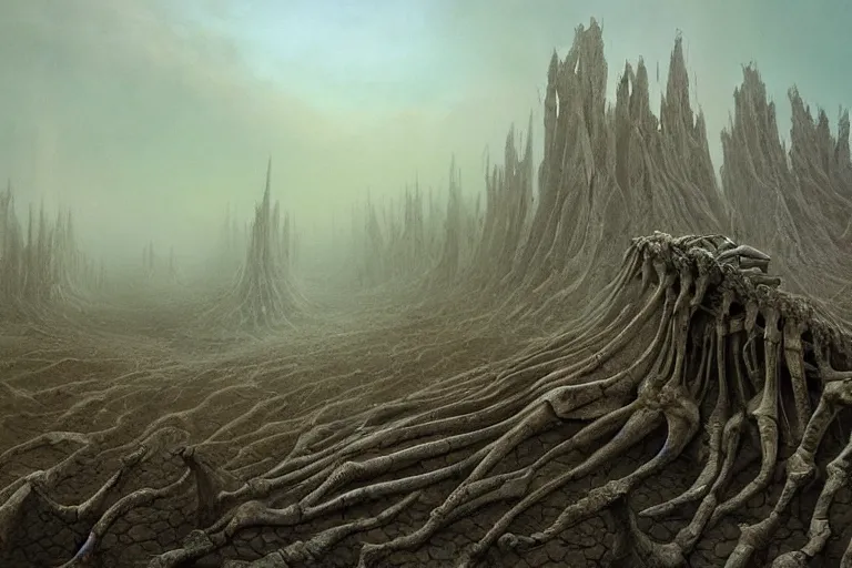 Prompt: amazing concept painting of the Valley of Dry Bones, by Jessica Rossier and HR giger and Beksinski, prophecy, hallucination, the middle of a valley; it was full of bones, bones that were very dry, there was a noise, a rattling sound, and the bones came together, bone to bone , I looked, and tendons and flesh appeared on them and skin covered them, but there was no breath in them and breath entered them, they came to life and stood up on their feet a vast army