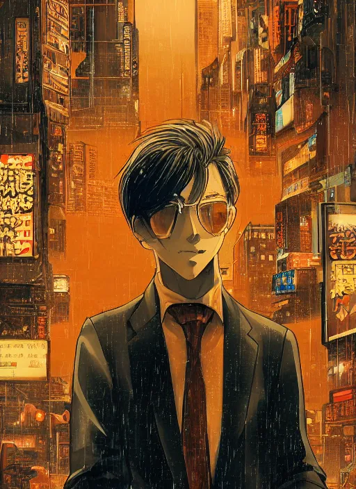 Image similar to manga cover, man with an orange fruit for a head, business suit, intricate cyberpunk city, rain, emotional lighting, character illustration by tatsuki fujimoto