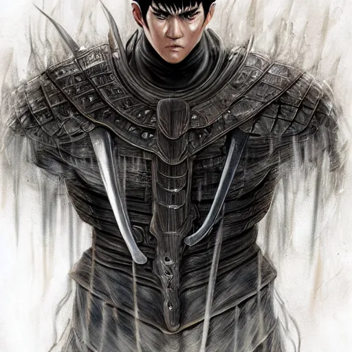 Image similar to semi realistic portrait of guts from berserk extremely detailed, made by wlop and maxwell boas