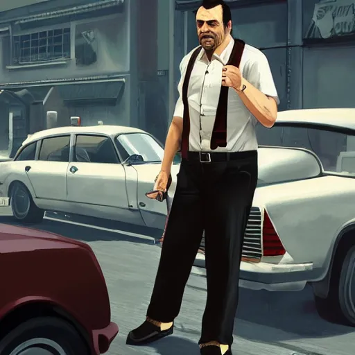 Image similar to a midage italian male, short black hair with gel, sharp teeth, overweight, fine white shirt, leather belt, black pants, leather shoes, smoking a cigar, full body, isolated background, gta v style, concept art, highly detailed, hyper realistic, unreal engine