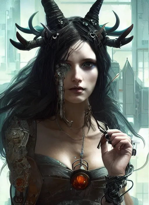 Image similar to a beautiful illustration of a cyberpunk witch with horns in head, intricate, sharp focus, illustration, highly detailed, digital painting, concept art, matte, art by wlop and artgerm and greg rutkowski and alphonse mucha, masterpiece