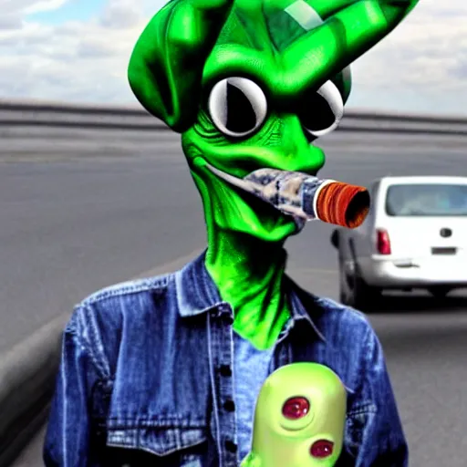 Image similar to Green alien dressed as a trucker smoking a cigarette