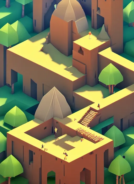 Image similar to a low poly isometric render of a kerala village in the style of monument valley, intricate, elegant, smooth, illustration, simple, solid shapes, by nuri iyem, james gurney, james jean, greg rutkowski, anato finnstark. pixar, octane render