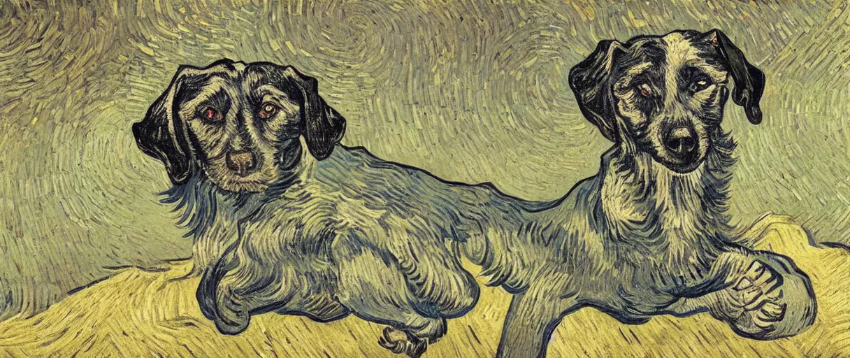 Image similar to studio portrait of a single wizened old dog in the style of the Starry Night; extremely detailed; oil painting by Vincent van Gogh