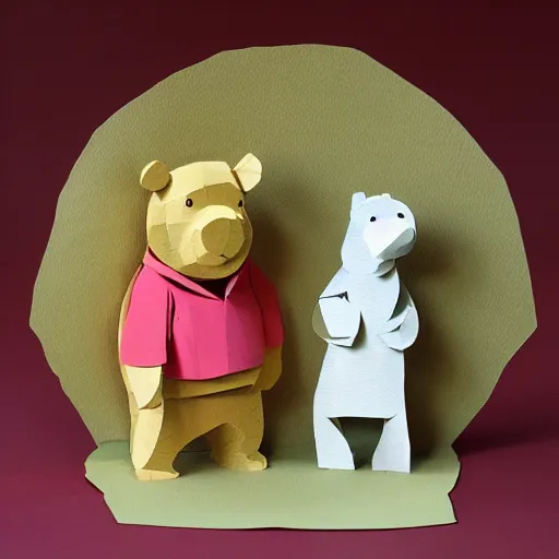 Prompt: cut paper sculpture of pooh and piglet