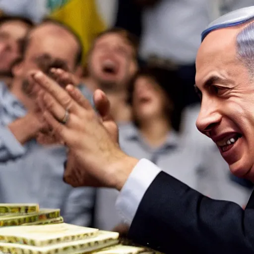 Image similar to benjamin netanyahu laughing maniacally counting piles of cash