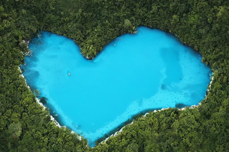 Prompt: a gigantic blue lagoon with the shape of a detailed human heart, in the middle of a exhuberant and colorful jungle, roads to the lake as veins and arteries, aerial photography by yann arthus bertrand