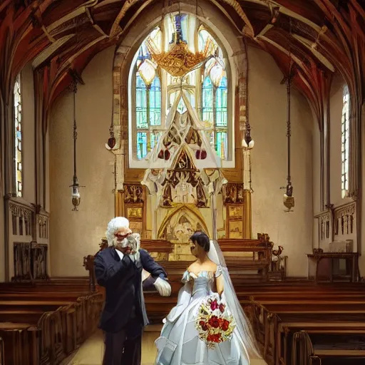 Image similar to wide shot of Colonel Sanders getting married to a chicken in a church, modern setting, intricate, elegant, highly detailed, digital painting, artstation, concept art, matte, sharp focus, illustration, hearthstone, art by Artgerm and Greg Rutkowski and Alphonse Mucha