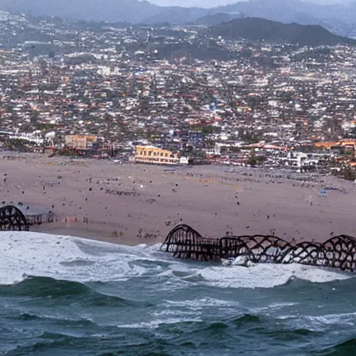 Prompt: Santa Monica pier destroyed by a tsunami