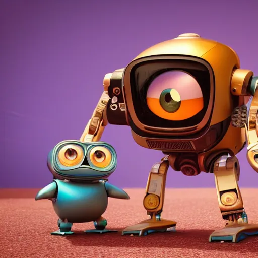 Image similar to two small chubby bots, hyperdetailed colourful, panelling, aerodynamic, intricate detail, holding, style of cute pokemon, with damaged rusty arms, antenna, jerboas, floating, white studio, oil, mechanical, cute toy, wall - e, ambient light, in the style of pixar animation, pokedstudios, blender, octane render, 8 k,