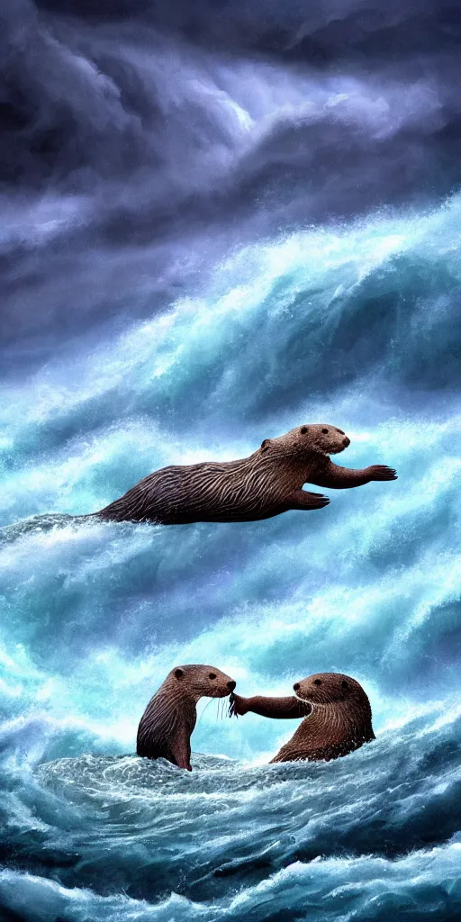 Prompt: An adorable Otter saving his wife from the whirlpool, in love holding hands side by side, in the middle of a super scary storm at sea, thunder, lightning, waves, fantasy illustration, cinematic, award winning, romantic, detailed trending on artstation, masterpiece