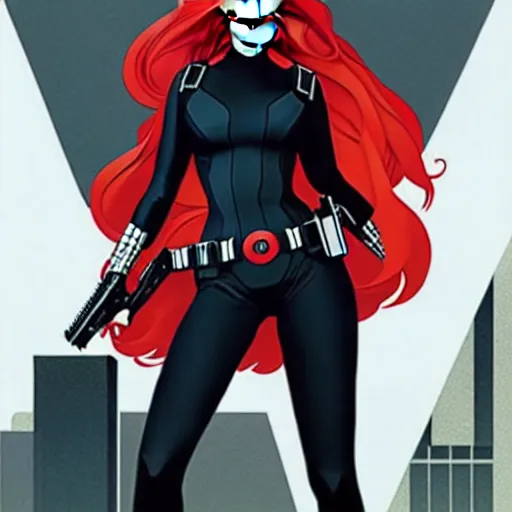 Image similar to phil noto comicbook cover art, pretty scarlett johansson black widow, symmetrical eyes, long red hair, full body, city rooftop