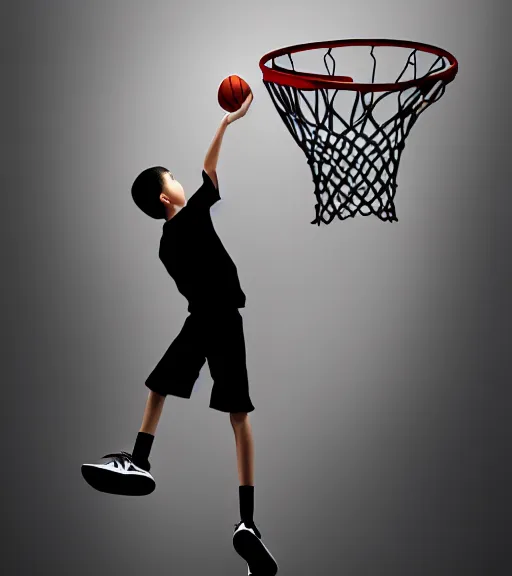 Prompt: portrait of a boy shooting a basketball into a hoop in a basketball court, intense emotion, intricate, elegant, highly detailed, centered, digital painting, artstation, concept art, smooth, sharp focus, illustration, WLOP