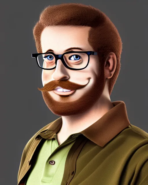 Prompt: cell shaded, confident, husky, nerdy man character portrait, wearing polo shirt, earth tones, dark auburn wavy hair, full beard, glasses without frames, freckles, by don bluth, highly detailed, dynamic shadows, 4 k, wallpaper - 1 0 2 4