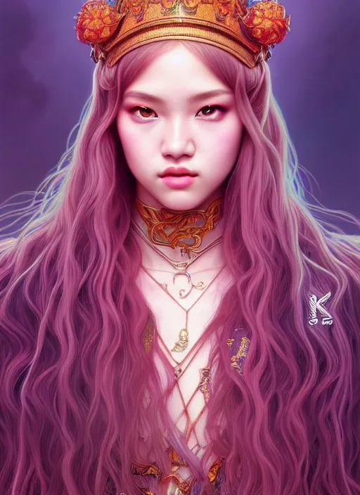 Image similar to jossi of blackpink, king, tarot card, highly detailed, digital painting, smooth, sharp focus, illustration, ultra realistic, unreal engine, 8 k, art by artgerm and alphonse mucha