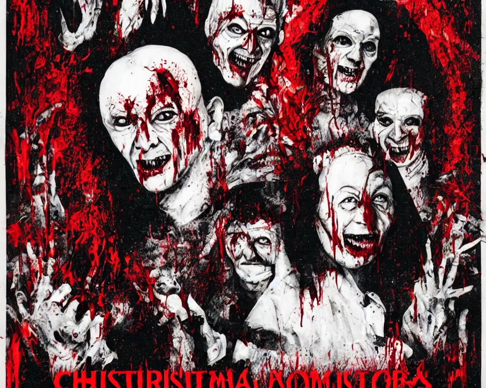 Image similar to a horror movie poster featuring a christmas card with a sinister demon and vultures, covered in blood