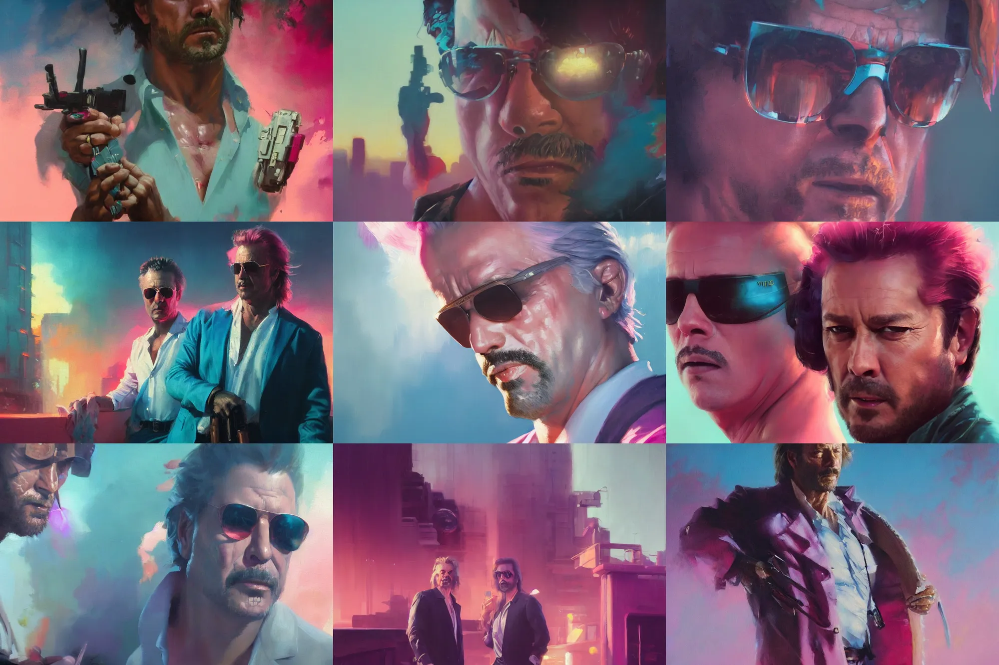 Prompt: an oil painting closeup of eighties miami vice, ultra realistic, highly detailed, masterpiece, cinematic by frank frazetta, greg rutkowski, beeple, yoko taro, christian macnevin, beeple, wlop, krenz cushart, epic fantasy character art, volumetric lighting, cgsociety, pink and teal