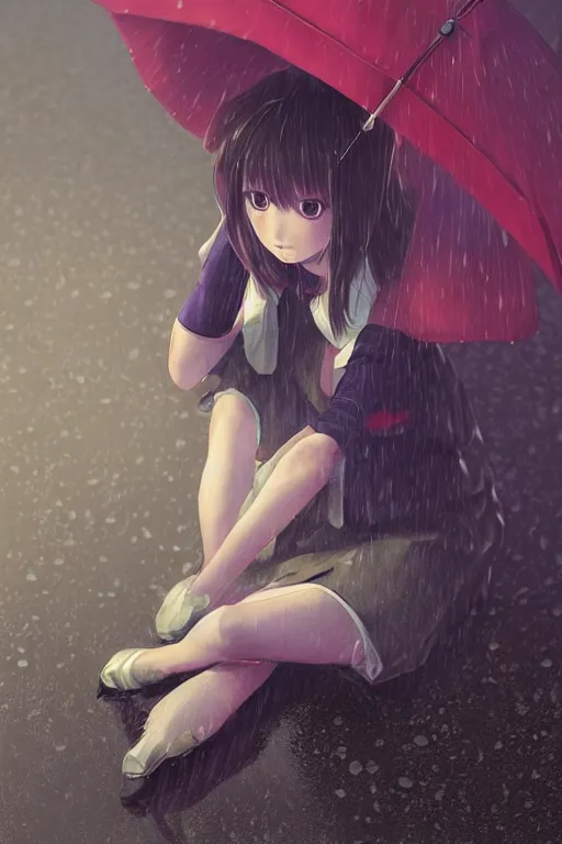 Prompt: 3d octane render portrait a stern girl in Japanese maid's clothes and long stockings sits on the wet pavement in a parking lot in the rain at night. art by hayao miyazaki and Ruan Jia and Mandy Jurgens and Artgerm and William-Adolphe Bouguerea Sakimichan, oil painting