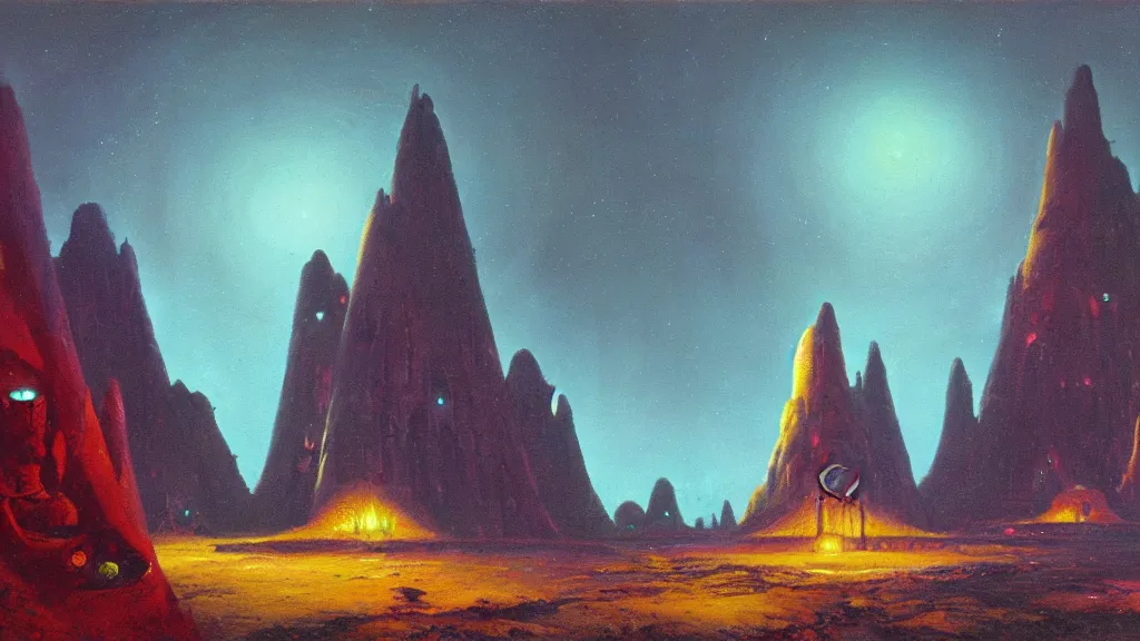 Prompt: mysterious shrine of an alien civilization by paul lehr and john schoenherr, cinematic matte painting