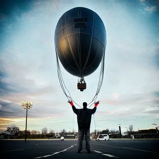 Image similar to “man trying to pump up inflate a large zeppelin blimp, highly detailed, dramatic lighting, Alex Pardee, Nekro Petros Afshar, James McDermott, cgsociety 4K”