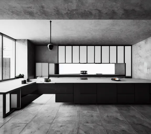 Image similar to brutalist black house kitchen with 2 islands interior design minimalist organic, organic architecture furniture open space high quality octane render blender 8 k