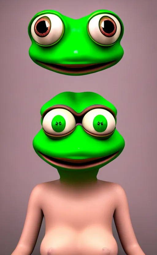 Prompt: complex 3 d render, ultra detailed, realistic portrait of pepe the frog, face, pepe the frog, happy frog, wide open eyes, round catchlights, brown eyeshadow, mauve lips, natural makeup, 8 5 mm lens, beautiful, studio portrait, goddess, frog, green frog