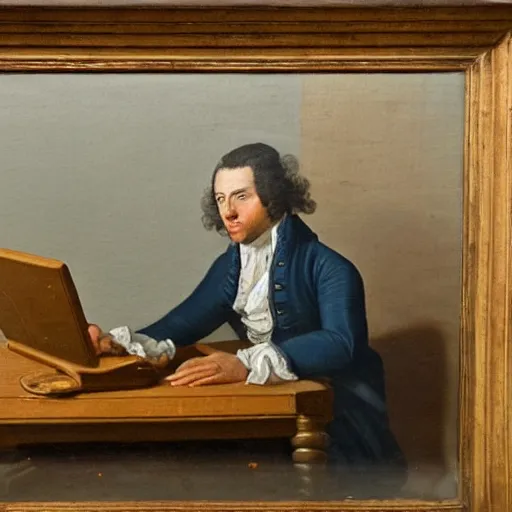 Image similar to 18th century painting of a man sitting at his desk, frustrated with his computer, oil painting, very detailed, 4k