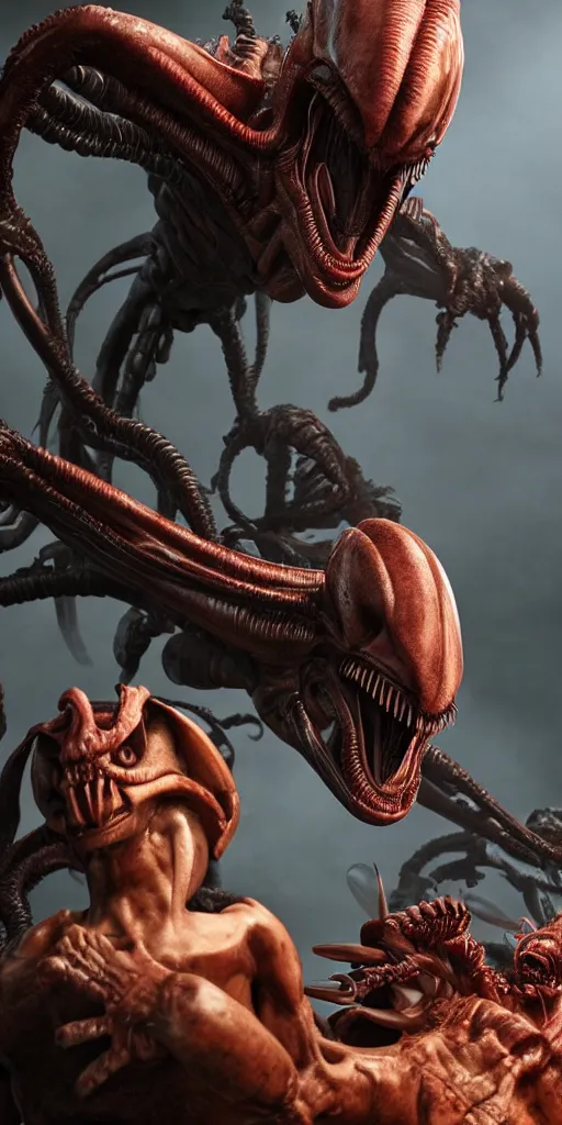 Image similar to baby predator and baby xenomorph, 3 d rendered, 3 d rendering, dramatic lighting, unreal engine