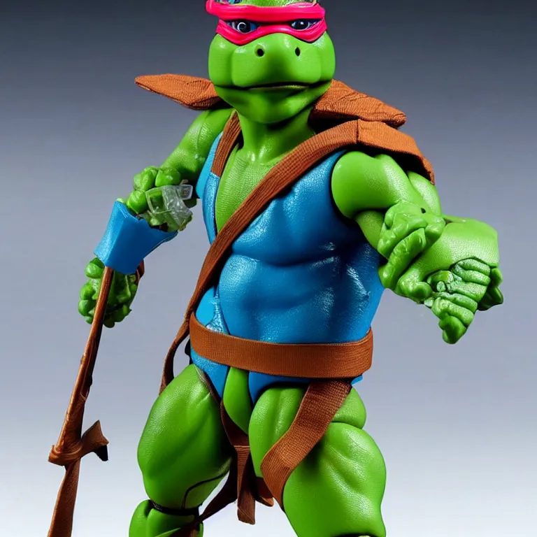 Prompt: leonardo tmnt action figure, 1 9 8 0 s, product shot, plastic toy, new in the package, unopened, mint codition