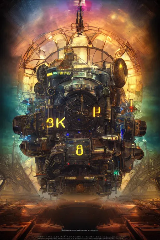 Image similar to a movie poster, the letters tripmachine, realistic digital art, 3 d render of a huge futuristic steampunk machinery inside a steampunk spaceship, 8 k, fluorescent colors, halluzinogenic, multicolored, exaggerated detailed, unreal engine