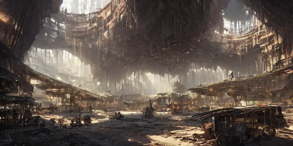 Prompt: screenshot of an abandoned marketplace in a massive cavernous city, dappled light, colossal arcing metal structures high in the cave, beautiful, awe inspiring, fps, by james gurney, greg rutkowski, sparth, cinematography, cinematic masterpiece