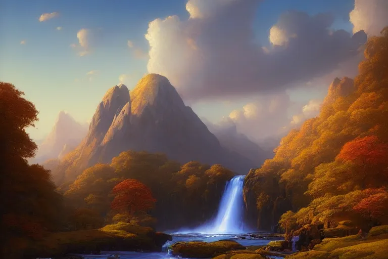 Prompt: a beautiful painting of a serene mountain landscape with a stream of magical blue wind coming from a rift, by andreas rocha john howe, and martin johnson heade, featured on artstation, featured on behance, ultrawide angle, f 1 6, golden ratio, well composed, cohesive