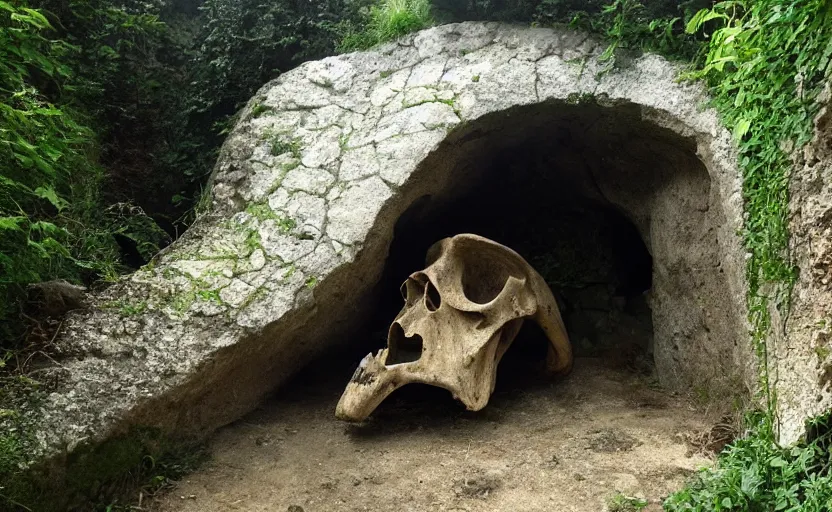 Prompt: cave built into an early medieval village lit by torches, large dinosaur skull, plants
