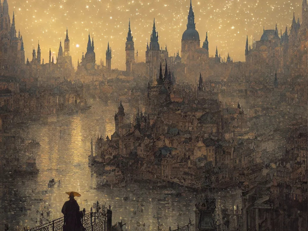 Prompt: a view from the river of a city resembling prague, paris, and venice at night with the sky full of stars, intricate, elegant, highly detailed, digital painting, artstation, concept art, smooth, sharp focus, colored illustration for tattoo, art by krenz cushart and artem demura and alphonse mucha,