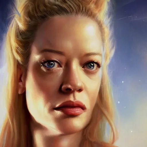 Prompt: Portrait of a 25 year old Jeri Ryan as the heroine of a 1990s sci-fi movie poster art by Ruan Jia and Mandy Jurgens and Artgerm and william-adolphe bouguerea, highly detailed, trending on artstation, award winning,