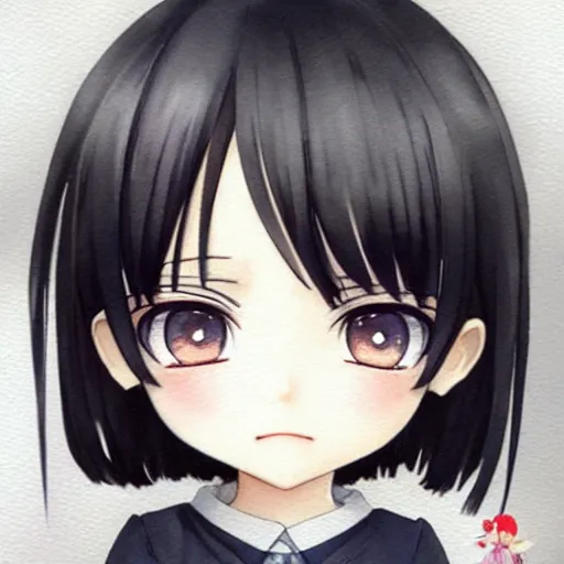 Prompt: photorealistic, portrait watercolor painting of nendoroid eyes kawaii chibi with black hair and hime cut by krenz cushart ilya kuvshinov pixiv key visual manga cover