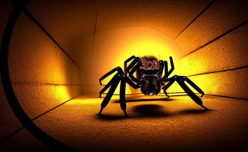 Image similar to mechanical spider in a large dimly lit sewer, ultra detailed digital art, fine drawing, hyper real, 4 k, moody lighting, warm colors