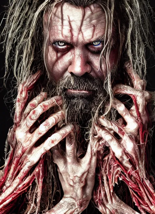 Prompt: portrait of rob zombie with translucent skin, visible muscles and veins and arteries and bones and spines and nerves, beautiful detailed intricate insanely detailed octane render, 8 k artistic photography, photorealistic, chiaroscuro, by david cronenberg, raphael, caravaggio