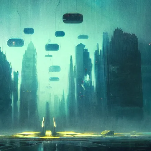 Prompt: scene from bladerunner 2 0 4 9 movie, syd mead artlilery spaceship lands in an alien landscape, filigree ornaments, volumetric lights, simon stalenhag, beksinski