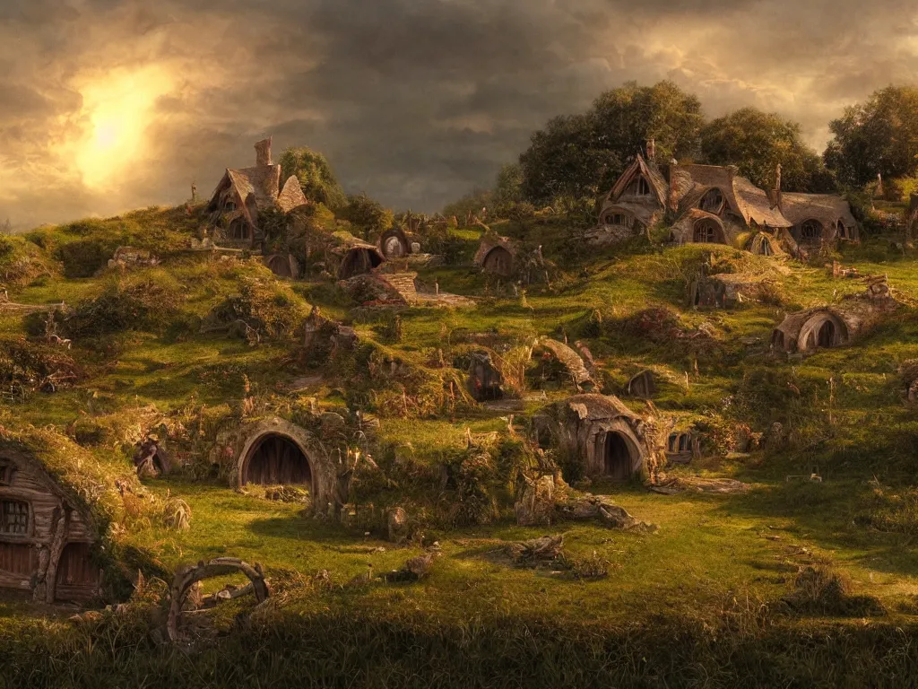 Prompt: Hobbiton in ruins, evening, detailed matte painting, cinematic, Alan Lee, Artstation