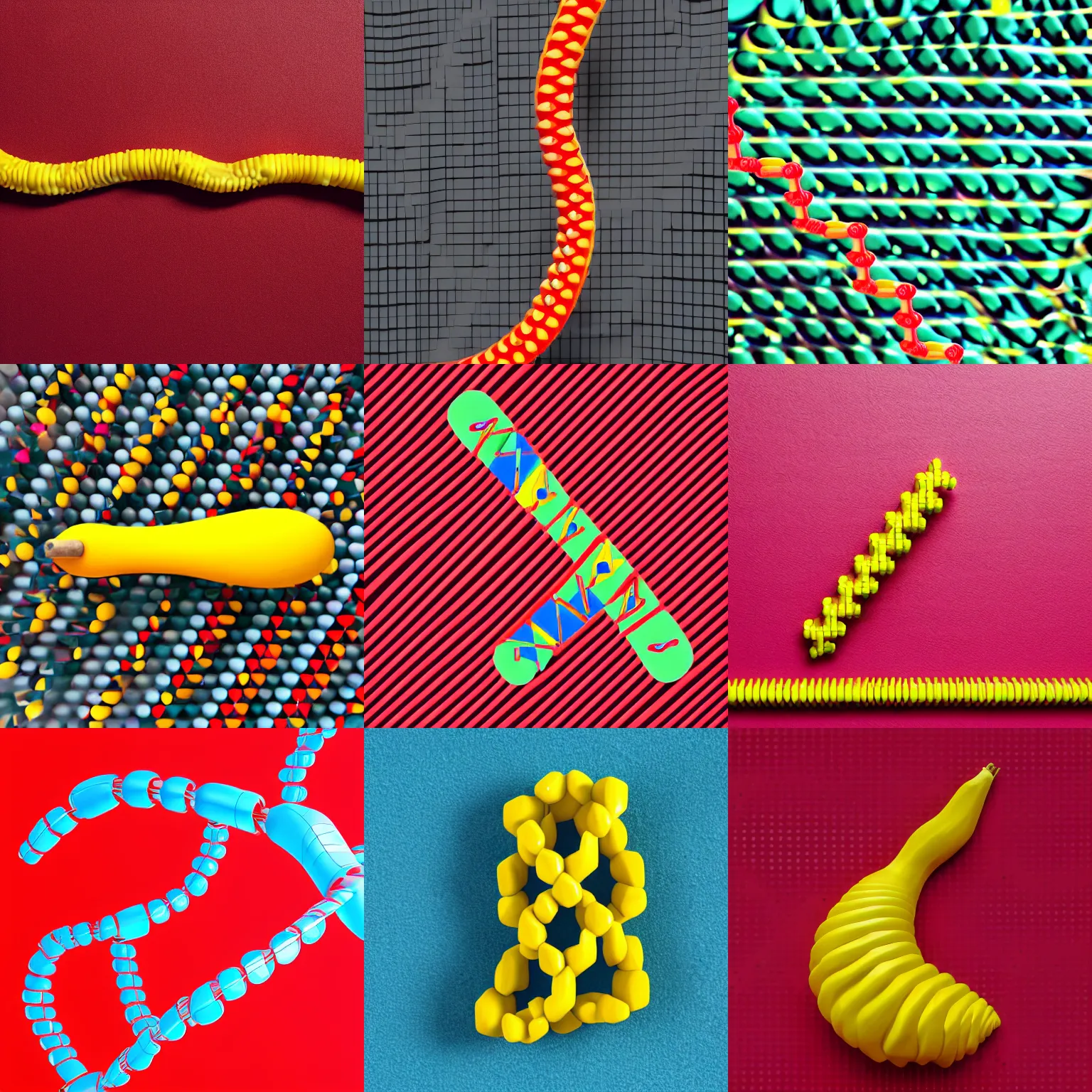 Prompt: studio shot of yellow banana shaped like dna, isometric perspective, red background