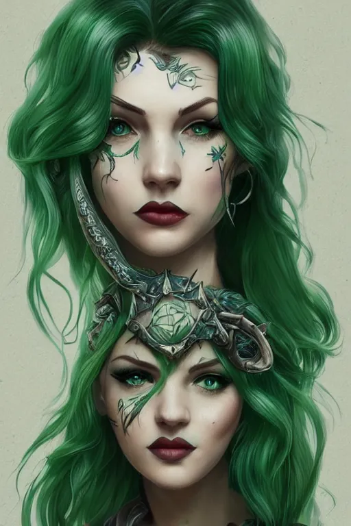 Image similar to green hair tattooed pinup hannah murray, rogue bard, feathers, baldurs gate, diablo, dnd, deep focus, turnaround, fantasy, intricate, elegant, highly detailed, digital painting, artstation, concept art, matte, sharp focus, illustration, hearthstone, art by artgerm and greg rutkowski and alphonse mucha.