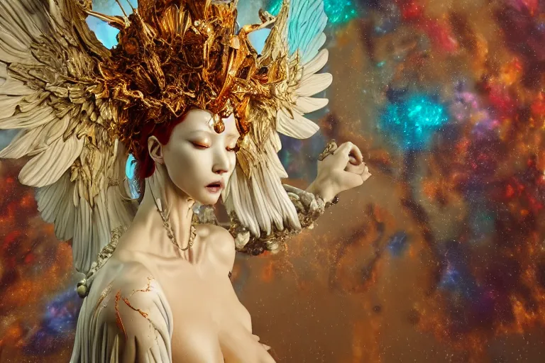 Image similar to Cinestill of A heartbreaking realistic 8k Bernini Sculpture of a stunning intricate cracked multicolored milky cosmic marble Evangelion Fallen Angel Devil Queen adorned in sentient mycelium mystical jewelry and ancient Empress crown and misty xparticles. by Yoshitaka Amano, Daytoner, Greg Tocchini, Scattered golden flakes, Hyperrealism. Subsurface scattering. Octane Render. Weirdcore, perfect face